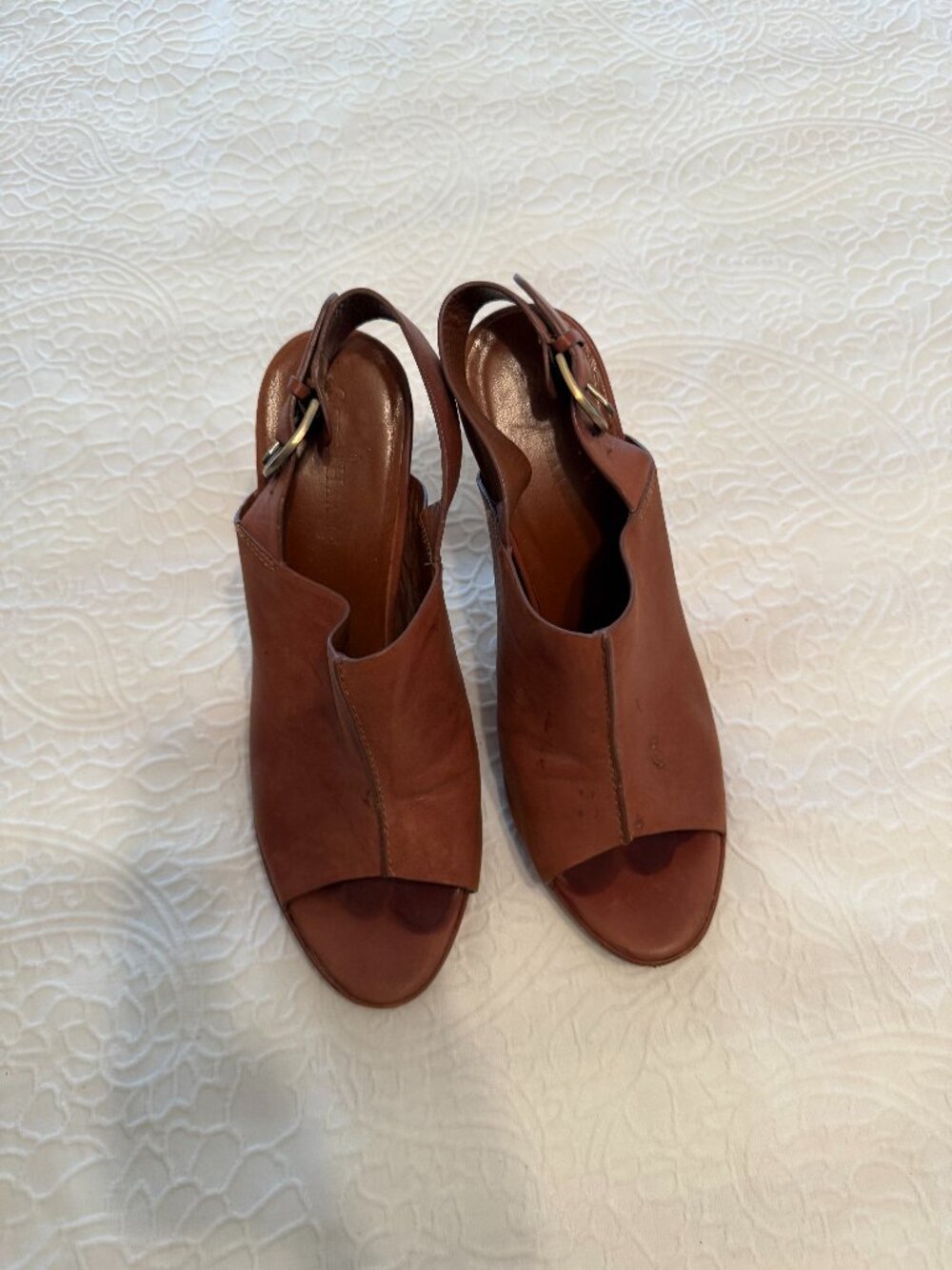 Pre-loved Cole Haan British Tan Leather Peep Toe Block Slingback Heels Size 11B